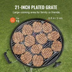 Round 21-inch iron cooking grate for kettle grills with anti-fall stand and smooth surface.