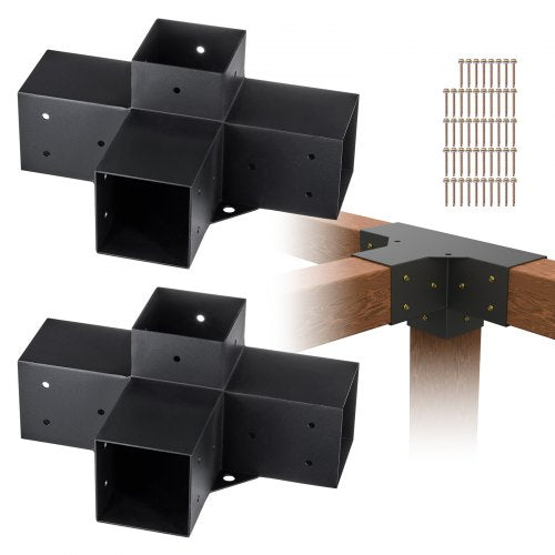 Two black heavy-duty steel four-way brackets for 4x4 pergola posts, with screws.