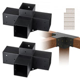 Two black heavy-duty steel four-way brackets for 4x4 pergola posts, with screws.