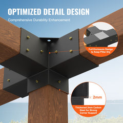 Two black heavy-duty steel four-way pergola brackets securing 4x4 wooden posts with drainage holes.