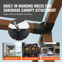 Two black steel four-way pergola brackets with hanging holes for sunshade attachment and weather protection features.