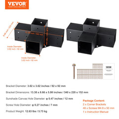 Two black four-way steel pergola brackets with screws and instruction manual shown with dimensions.