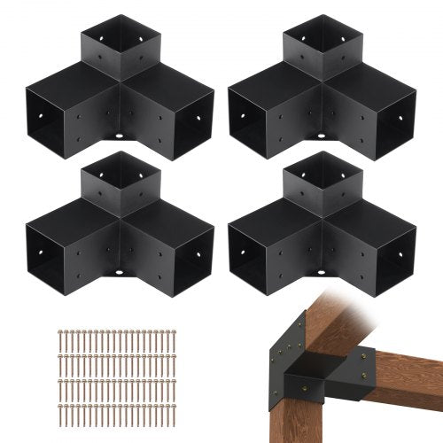 Heavy-duty black steel brackets for 4x4 pergola corners with drainage holes and grommet attachments.