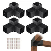 Heavy-duty black steel brackets for 4x4 pergola corners with drainage holes and grommet attachments.