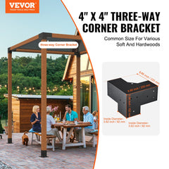 Heavy-duty black steel pergola bracket kit with four three-way brackets and screws.