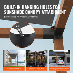 Heavy-duty 4-way steel bracket kit for 4x4 pergola construction with drainage holes.