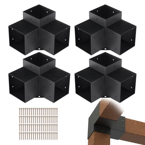 Four black heavy-duty steel 3-way brackets for 6x6 pergola posts, with screws included.