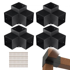 Four black heavy-duty steel 3-way brackets for 6x6 pergola posts, with screws included.
