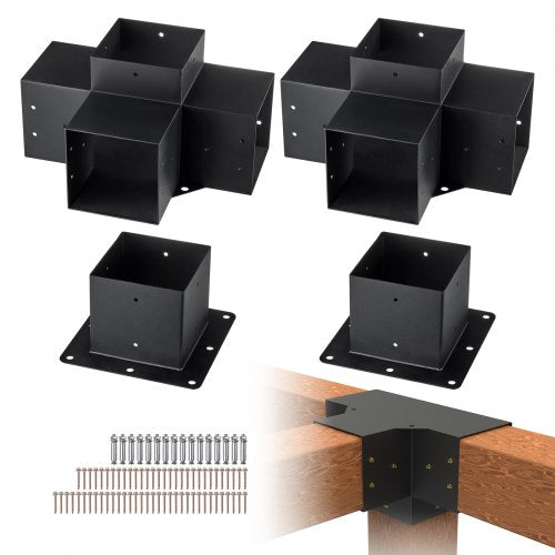 Set of four black heavy-duty 4-way brackets for 6x6 pergola posts with base plates and screws.