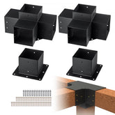 Set of four black heavy-duty 4-way brackets for 6x6 pergola posts with base plates and screws.