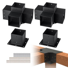 Set of four black heavy-duty 4-way brackets for 6x6 pergola posts with base plates and screws.