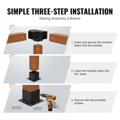 Three-step diagram showing installation of 6x6 pergola brackets with beams, pillars, and screws.