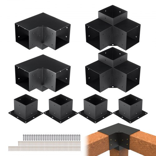 Black powder-coated steel pergola bracket kit with eight pieces for sturdy corner support.