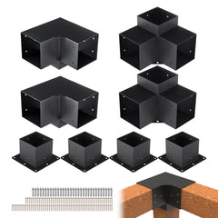Heavy duty black powder-coated steel pergola bracket kit with 8 pieces for corner post bases.