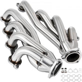 Bostome stainless steel exhaust headers for Chevy Corvette 1963-1981 V8 with polished finish.