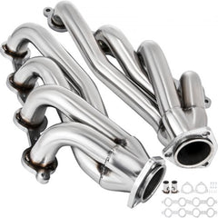 Bostome stainless steel exhaust headers for Chevy Corvette 1963-1981 V8 with polished finish.