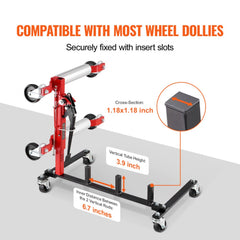 Red hydraulic car dolly rack with 4 slots, casters, and size labels on white background.
