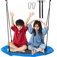 Blue 40-inch saucer tree swing with a sturdy fabric seat and adjustable braided ropes.