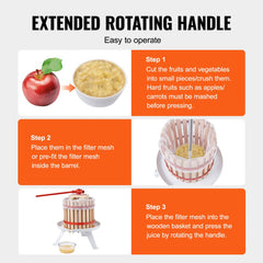Manual juice maker with a 12L capacity, Zelkova wood construction, and extended handle.