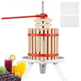 Manual juice maker with wood basket and Zelkova pressing blocks for efficient fruit extraction.