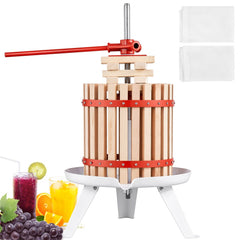 Manual juice maker with wood basket and Zelkova pressing blocks for efficient fruit extraction.