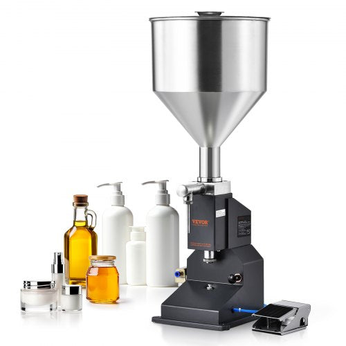 Stainless steel pneumatic filling machine for 5-50ml paste liquids with foot pedal.