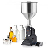 Stainless steel pneumatic filling machine for 5-50ml paste liquids with foot pedal.