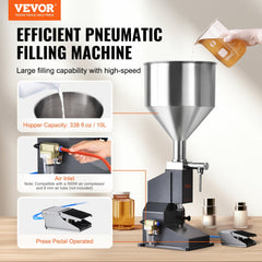 Stainless steel pneumatic filling machine for 5-50ml paste liquids with foot pedal.