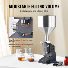 Stainless steel pneumatic filling machine with adjustable 5-50ml volume and foot pedal.