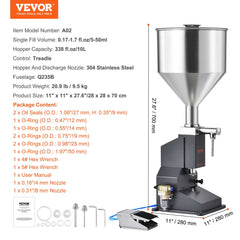 Stainless steel pneumatic paste liquid filling machine for 5-50ml volumes with foot pedal.