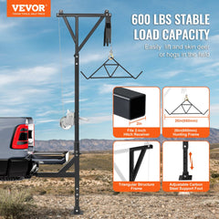 Hitch-mounted deer hoist with 600 lbs winch, swivel, and steel frame.