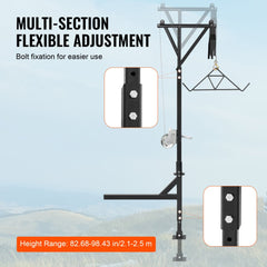 Hitch-mounted deer hoist with 600lbs winch, swivel, and telescoping boom.