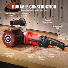 Red Bostome 1200W electric metal polishing machine with 6 speeds, 4 fiber wheels, ergonomic grips, and protective guards on a workbench.