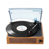 Bostome 3-speed vinyl record player with Bluetooth, built-in speaker, and transparent dust cover.