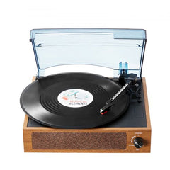 Bostome 3-speed vinyl record player with Bluetooth, built-in speaker, and transparent dust cover.