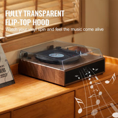 Bostome 3-speed vinyl record player with built-in speakers and Bluetooth connectivity.