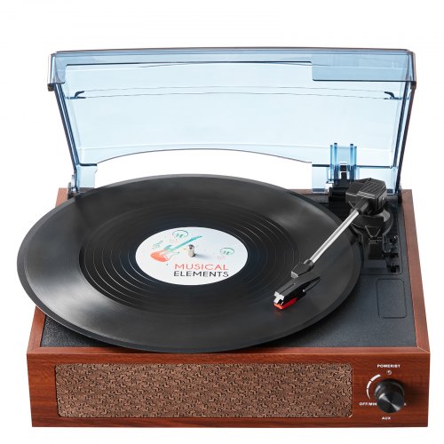 Bostome 3-speed vinyl record player with wooden base, Bluetooth speakers, and clear dust cover open