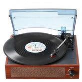 Bostome 3-speed vinyl record player with wooden base, Bluetooth speakers, and clear dust cover open