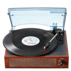 Bostome 3-speed vinyl record player with wooden base, Bluetooth speakers, and clear dust cover open