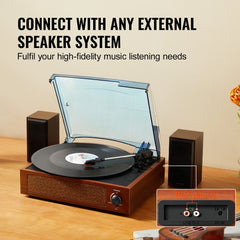 Wooden 3-speed belt-driven vinyl record player with built-in Bluetooth speakers and RCA outputs.