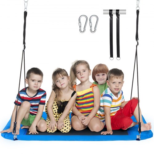 Blue 60-inch platform tree swing with five kids sitting on it, ropes, straps, and carabiners.