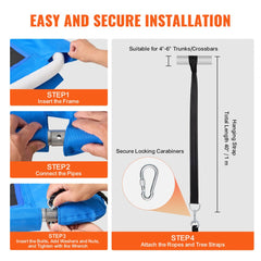 Infographic showing easy installation steps for a blue kids' tree swing with frame, ropes, and carabiners.