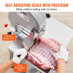 Stainless steel vertical meat bandsaw cutting ribs with precision scale and push rod.