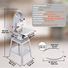 Stainless steel vertical meat bandsaw with 1500W motor and adjustable cutting thickness from 0.16 to 7.9 inches.