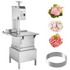 Stainless steel vertical meat bandsaw with 24.4x20.5 inch table and six blades included