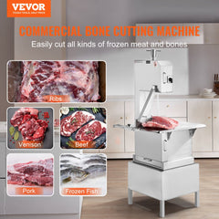 Stainless steel vertical meat bandsaw with 2200W motor and 24.4x20.5in table for cutting frozen meat and bones.