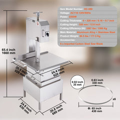 Vertical stainless steel meat bandsaw with 24.4x20.5 inch table and six circular blades.