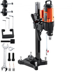 Orange 2500W wet concrete core drilling machine with black stand, accessories, and 10-inch capacity.