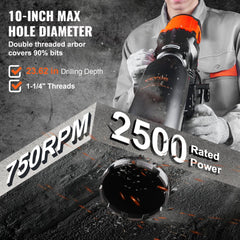 Bostome 10-inch wet concrete core drilling machine with 2500W power and 750 RPM speed.