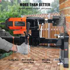 Bostome 10-inch wet concrete core drilling machine with 2500W motor, 750 RPM, guide rail, lifting rod, and movable casters on a brick wall.
